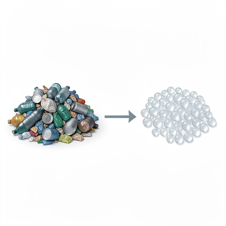 AI-generated conceptual illustration (mixed household waste and recycled plastic pellets). It explains the idea and does not show study data.