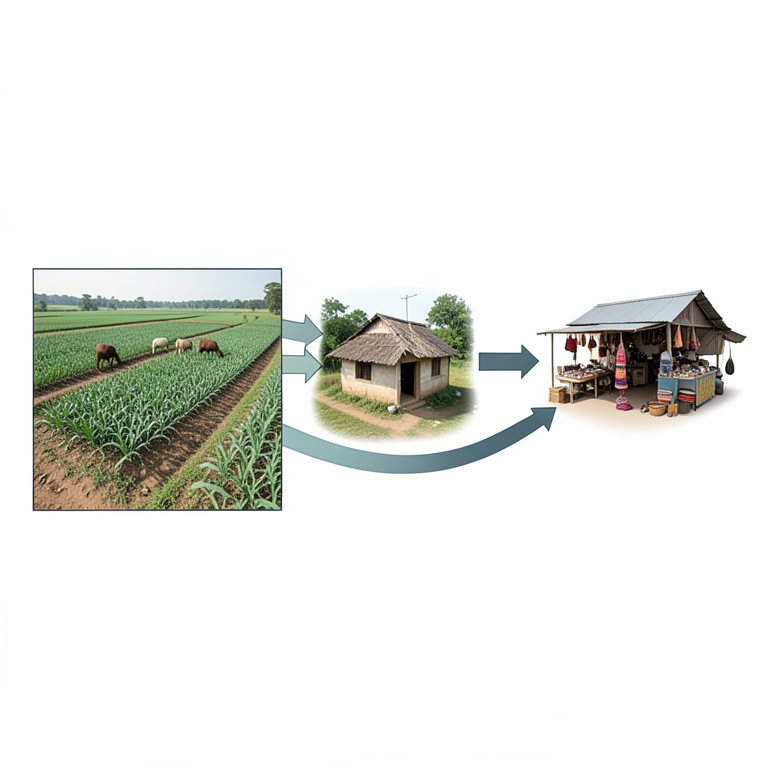 AI-generated conceptual illustration (Indian rural farm landscape with diverse crops and a small guest cottage). It explains the idea and does not show study data.