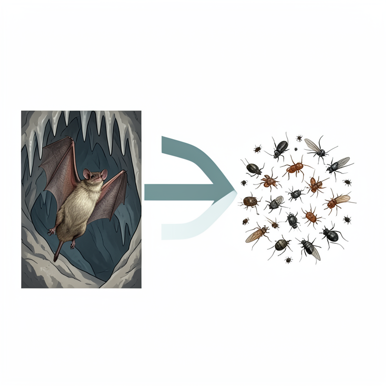 AI-generated conceptual illustration (Neotropical bats and their ectoparasites (mites and bat flies) in a cave setting). It explains the idea and does not show study data.