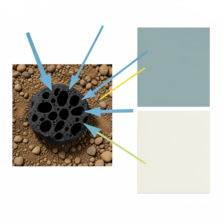AI-generated conceptual illustration (sandy loam soil with biochar particles). It explains the idea and does not show study data.