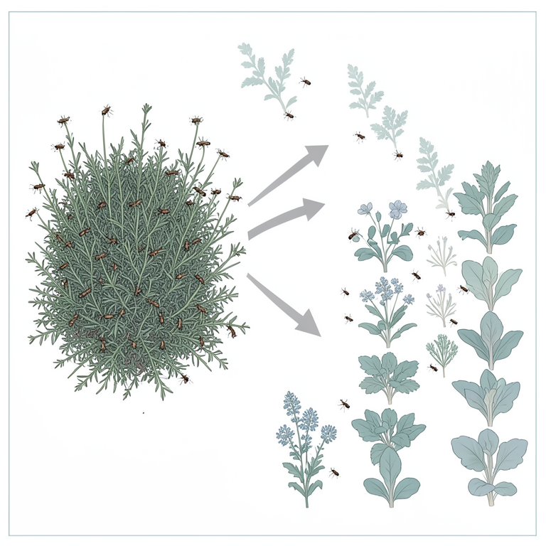AI-generated conceptual illustration (Thrips insects, wild weed patches, and vegetable and ornamental crop plants). It explains the idea and does not show study data.
