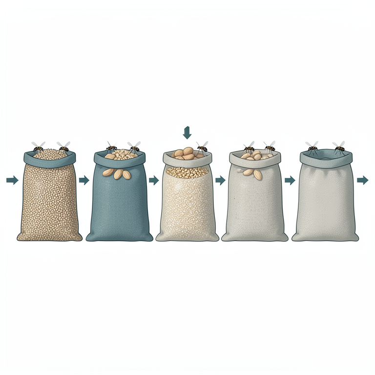 AI-generated conceptual illustration (jute bags containing different organic substrates and Habrobracon hebetor parasitoids). It explains the idea and does not show study data.
