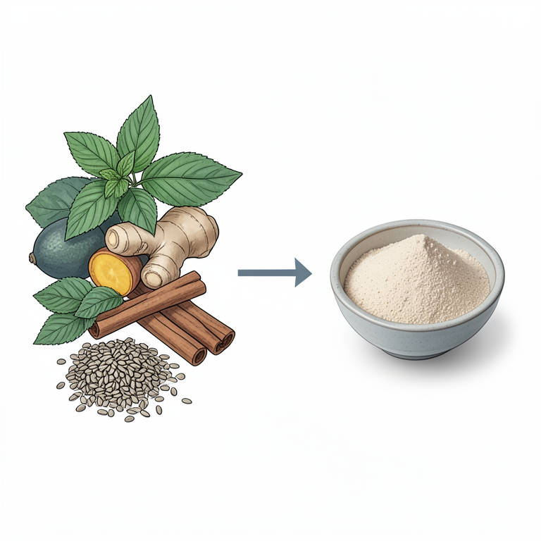 AI-generated conceptual illustration (Indian gooseberry, holy basil leaves, ginger root, turmeric root, cinnamon bark, stevia leaves, and flax seeds). It explains the idea and does not show study data.