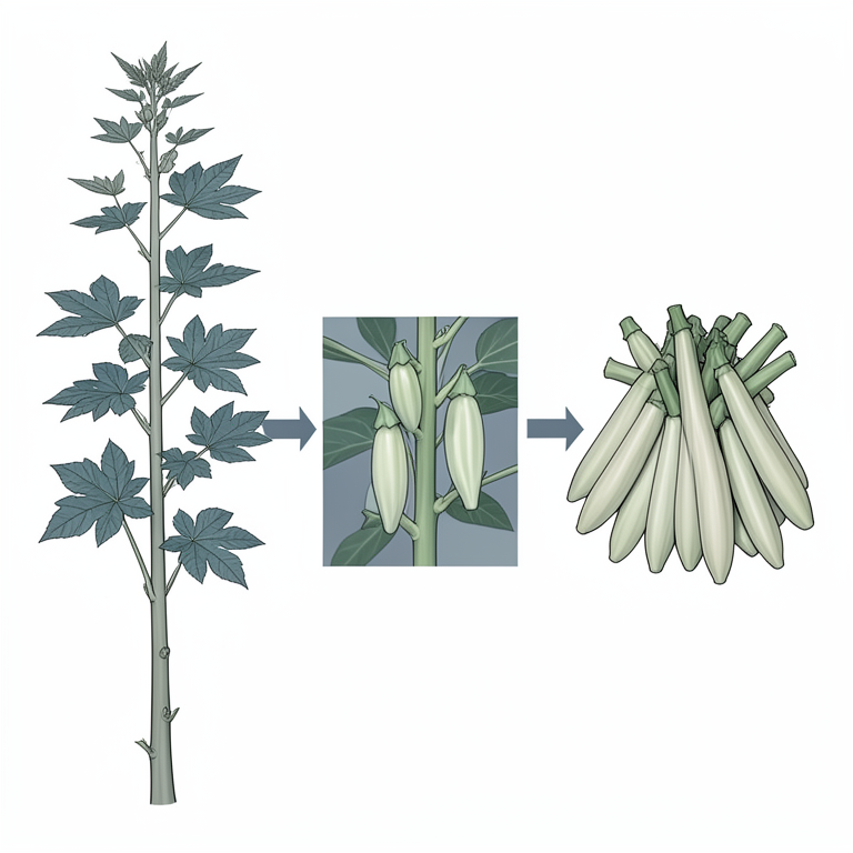 AI-generated conceptual illustration (okra plants (Abelmoschus esculentus)). It explains the idea and does not show study data.