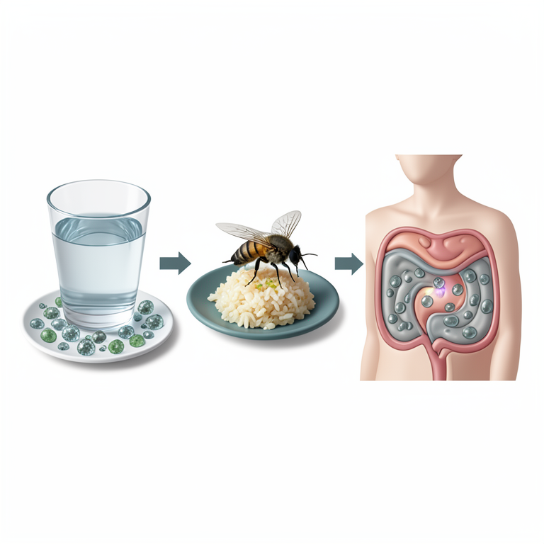 AI-generated conceptual illustration (Entamoeba histolytica cysts, contaminated water, food, and houseflies). It explains the idea and does not show study data.
