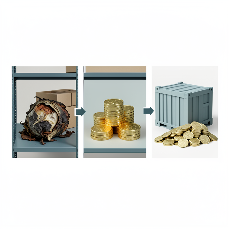 AI-generated conceptual illustration (Industrial warehouse inventory of perishable goods). It explains the idea and does not show study data.