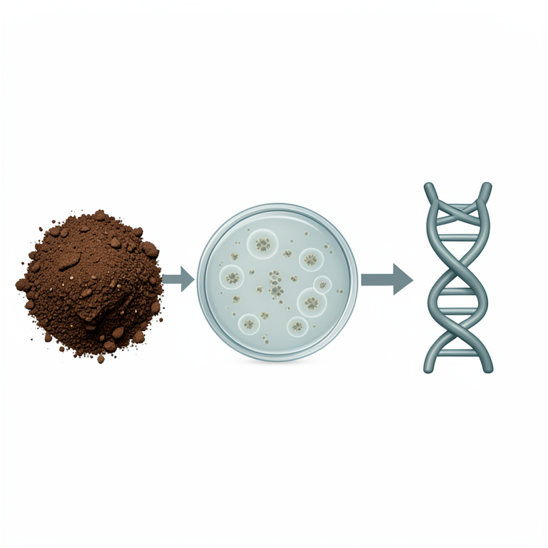 AI-generated conceptual illustration (soil samples and Bacillus bacteria on starch agar plates). It explains the idea and does not show study data.