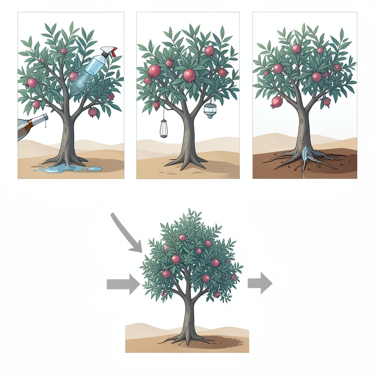 AI-generated conceptual illustration (pomegranate trees in a desert oasis). It explains the idea and does not show study data.