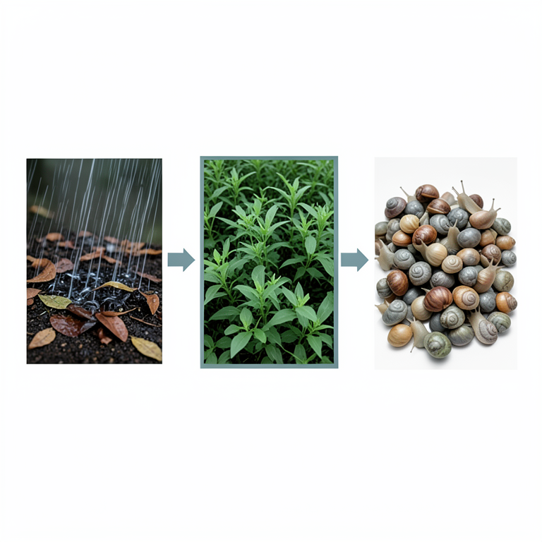 AI-generated conceptual illustration (land snails and slugs in a garden crop setting). It explains the idea and does not show study data.