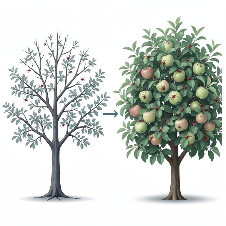 AI-generated conceptual illustration (Apple trees in an orchard). It explains the idea and does not show study data.