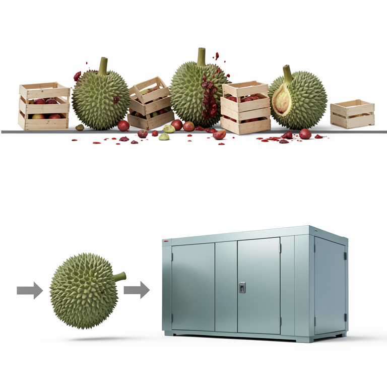AI-generated conceptual illustration (Durian fruit in a supply chain). It explains the idea and does not show study data.