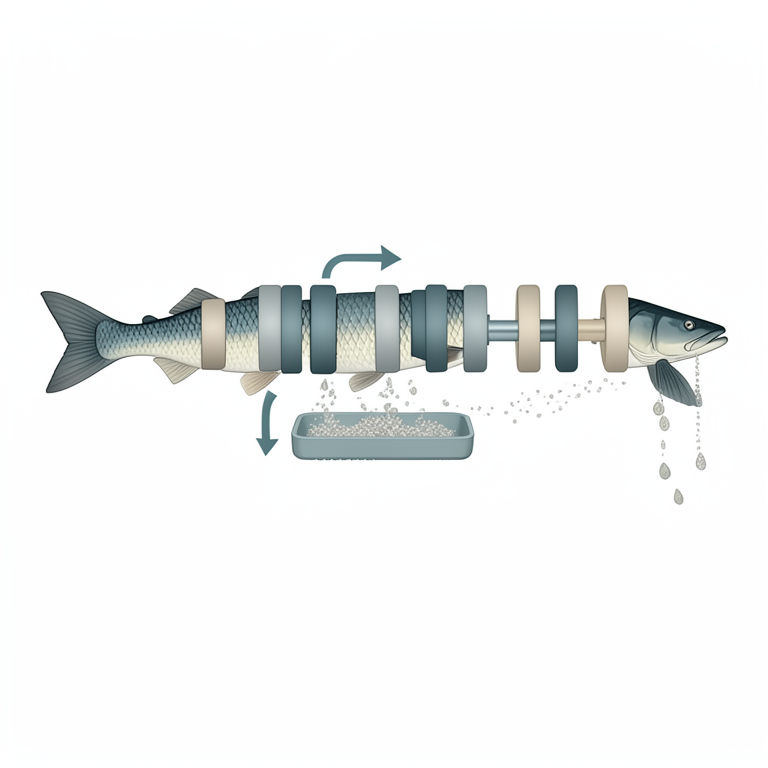 AI-generated conceptual illustration (a fish descaling machine with rollers and whole fish). It explains the idea and does not show study data.