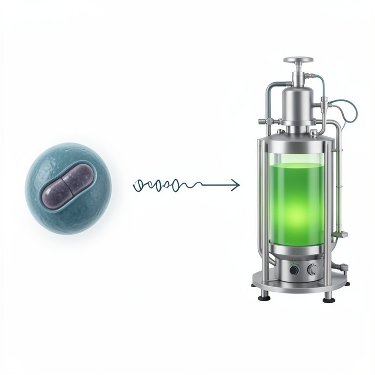 AI-generated conceptual illustration (Escherichia coli bacteria and a bioreactor). It explains the idea and does not show study data.