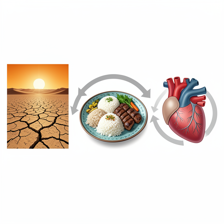 AI-generated conceptual illustration (Iraqi landscape, traditional Iraqi food plate, and a human heart). It explains the idea and does not show study data.