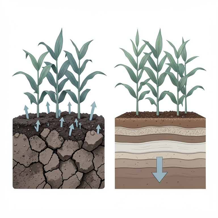 AI-generated conceptual illustration (corn and soybean plants in soil profiles). It explains the idea and does not show study data.