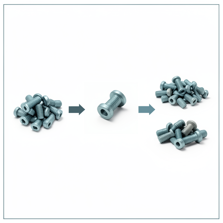 AI-generated conceptual illustration (industrial manufactured metal bolts in a quality control setting). It explains the idea and does not show study data.