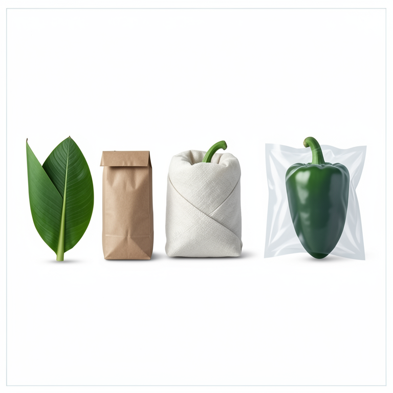 AI-generated conceptual illustration (green pepper (Capsicum annuum) and organic packaging materials). It explains the idea and does not show study data.