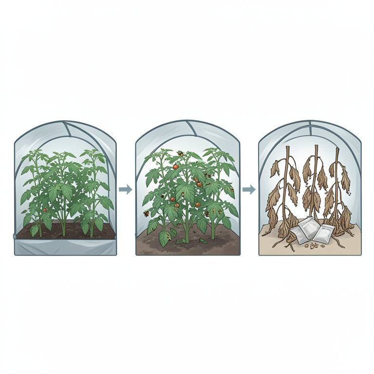 AI-generated conceptual illustration (tomato plants in plastic tunnel houses). It explains the idea and does not show study data.