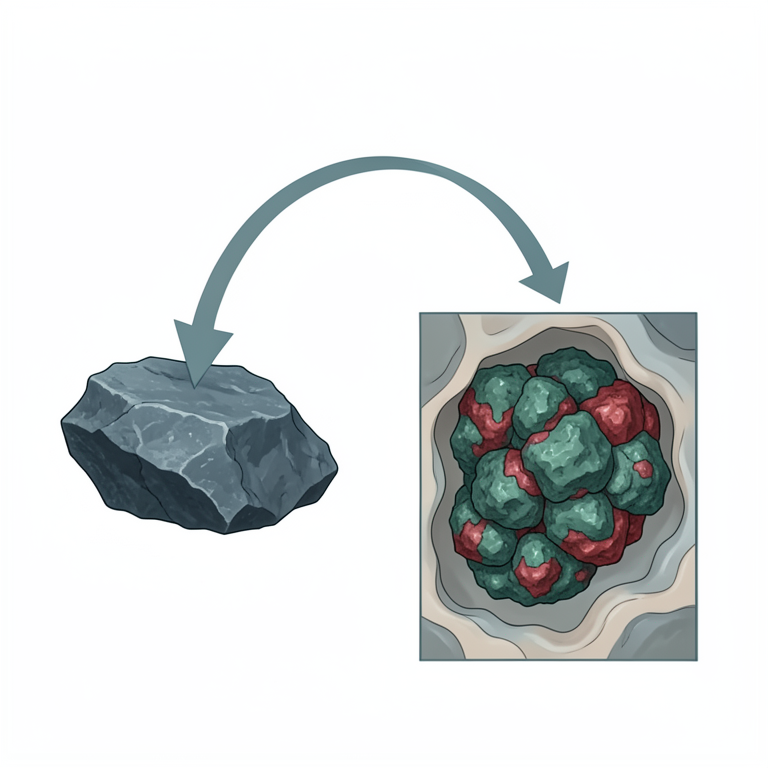 AI-generated conceptual illustration (Eclogite rock samples from the Western Alps). It explains the idea and does not show study data.
