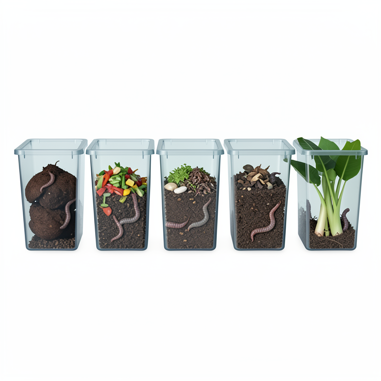 AI-generated conceptual illustration (Eisenia fetida (red wiggler earthworms) in organic waste bins). It explains the idea and does not show study data.