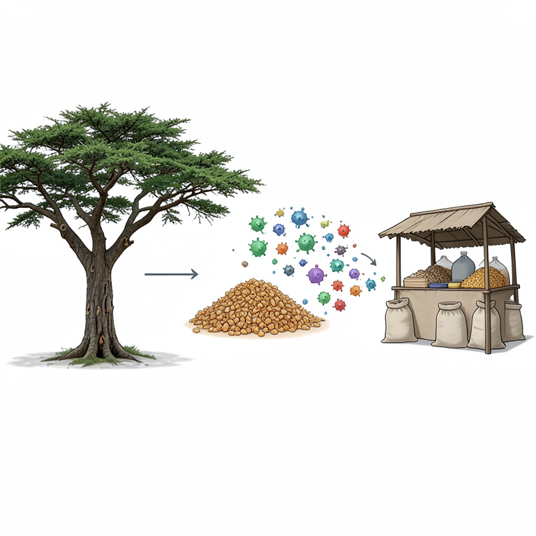 AI-generated conceptual illustration (Acacia senegal trees and gum Arabic resin). It explains the idea and does not show study data.