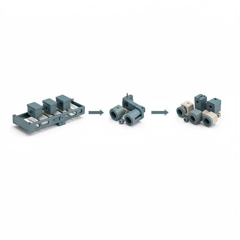 AI-generated conceptual illustration (Industrial manufactured metal components on a conveyor belt). It explains the idea and does not show study data.