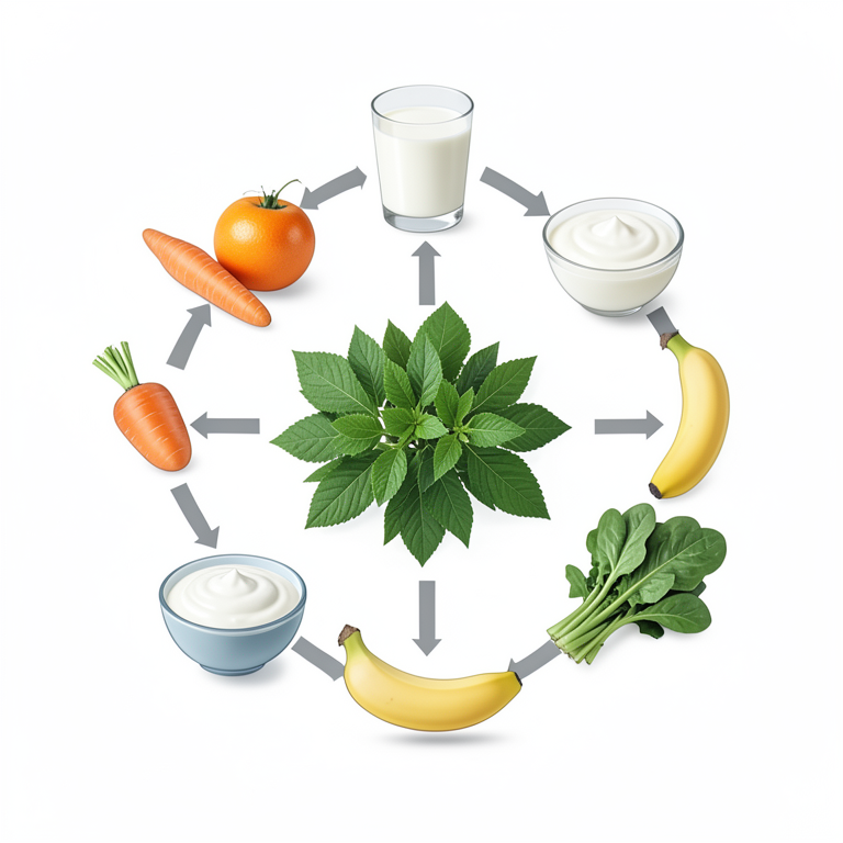 AI-generated conceptual illustration (Moringa oleifera leaves, oranges, carrots, cow milk, yogurt, bananas, and spinach). It explains the idea and does not show study data.