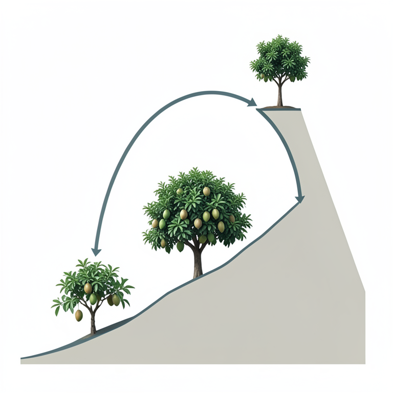 AI-generated conceptual illustration (Mango trees (Mangifera indica) in a mountainous landscape). It explains the idea and does not show study data.