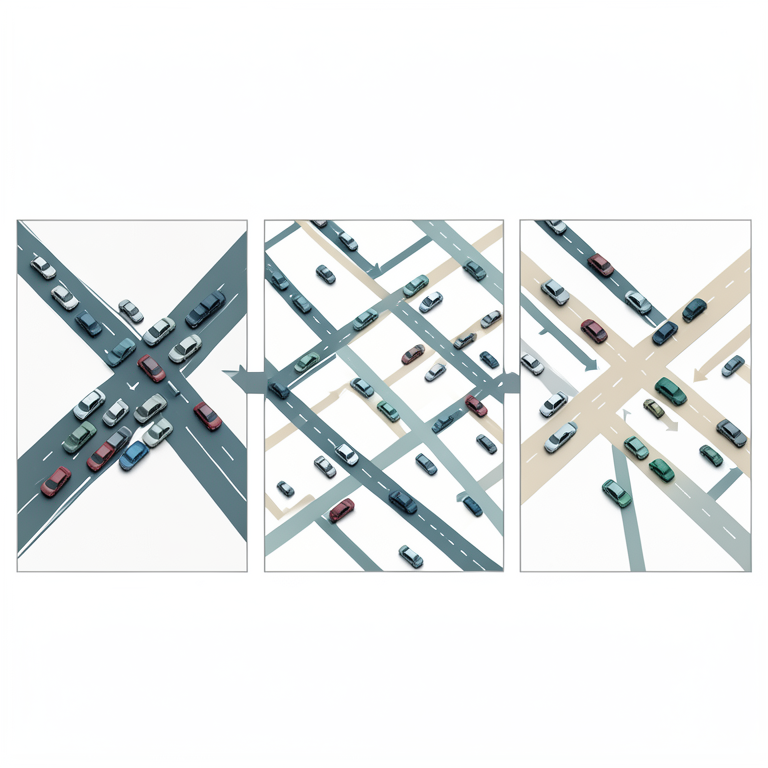 AI-generated conceptual illustration (city road network with miniature cars). It explains the idea and does not show study data.