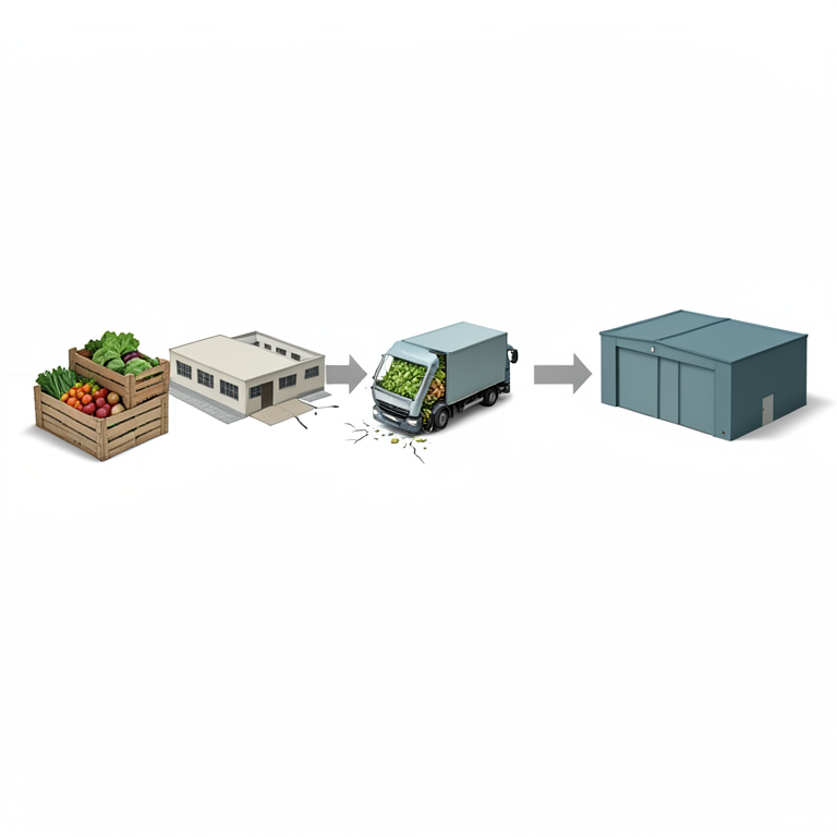 AI-generated conceptual illustration (Fresh fruits and vegetables in a logistics chain). It explains the idea and does not show study data.