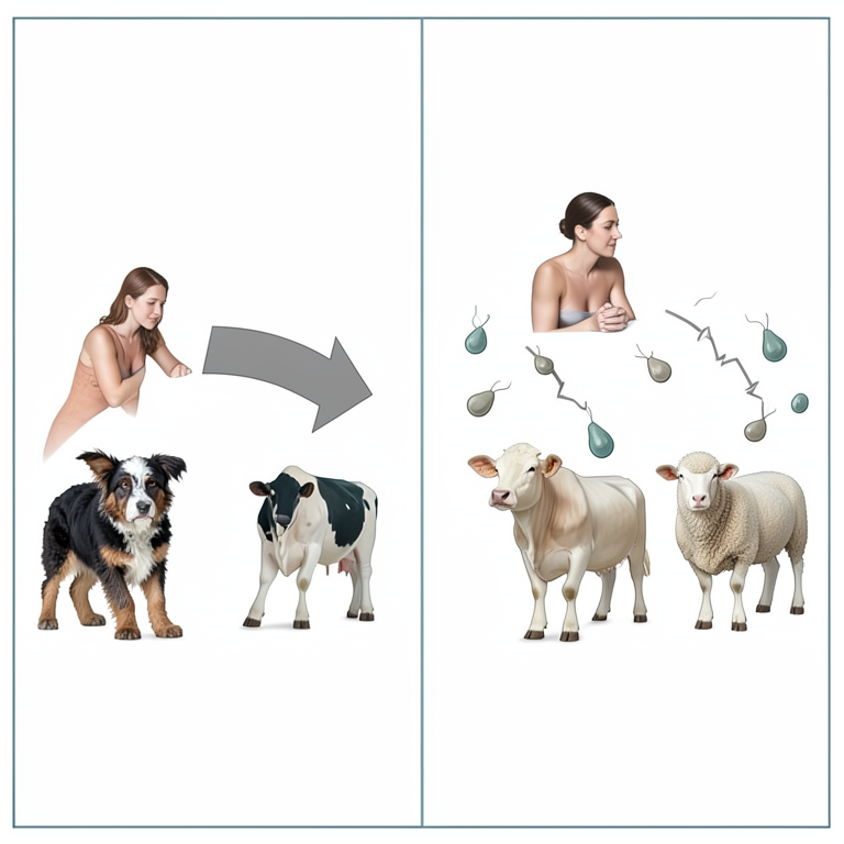 AI-generated conceptual illustration (Humans, domestic dogs, cattle, and sheep infected with Giardia duodenalis). It explains the idea and does not show study data.