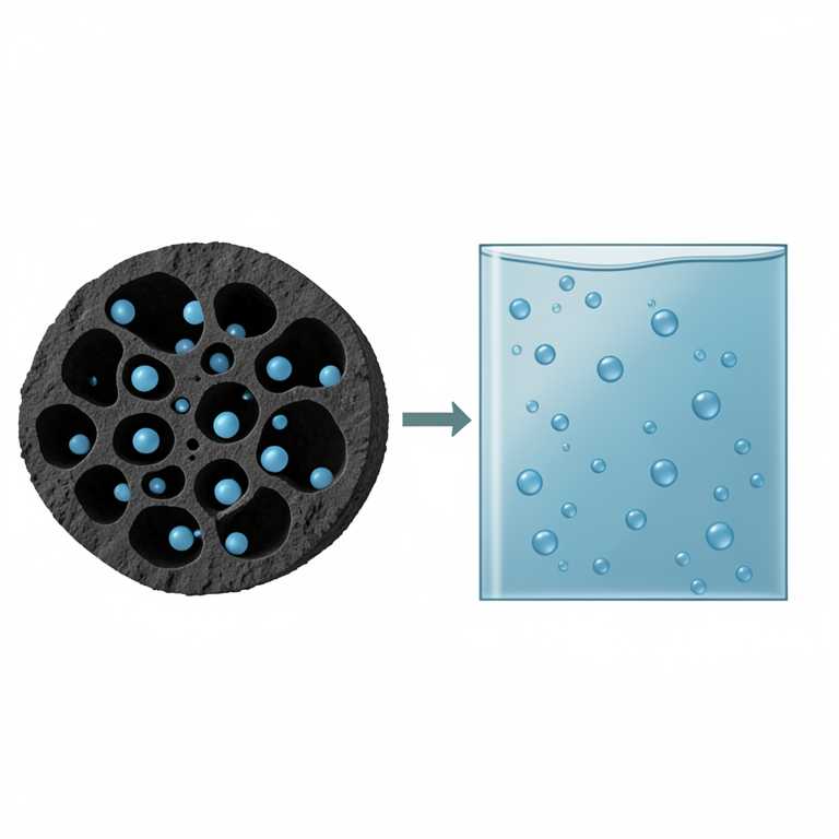 AI-generated conceptual illustration (coconut shell activated carbon and methylene blue dye molecules in water). It explains the idea and does not show study data.