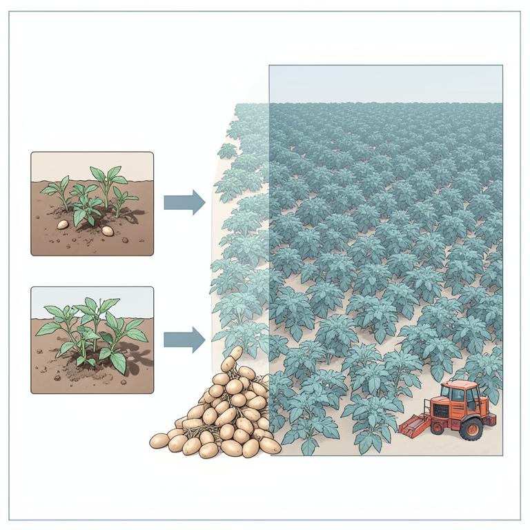 AI-generated conceptual illustration (potato plants in agricultural fields). It explains the idea and does not show study data.