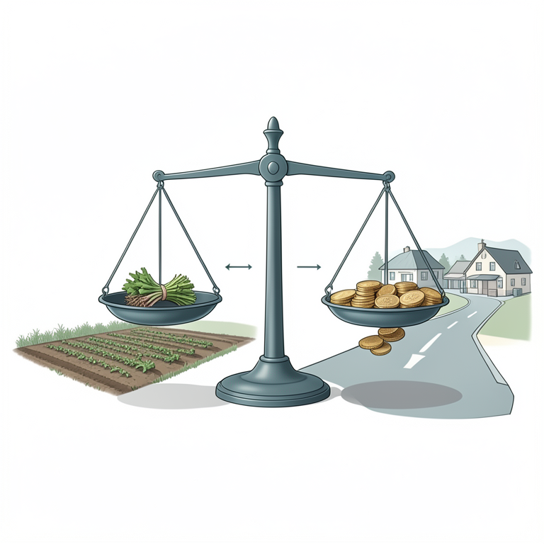 AI-generated conceptual illustration (small-scale farming households in a rural agricultural landscape). It explains the idea and does not show study data.