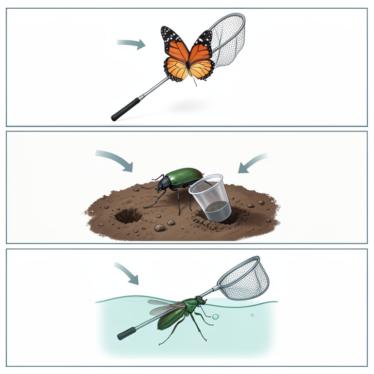 AI-generated conceptual illustration (various insects and collection tools). It explains the idea and does not show study data.