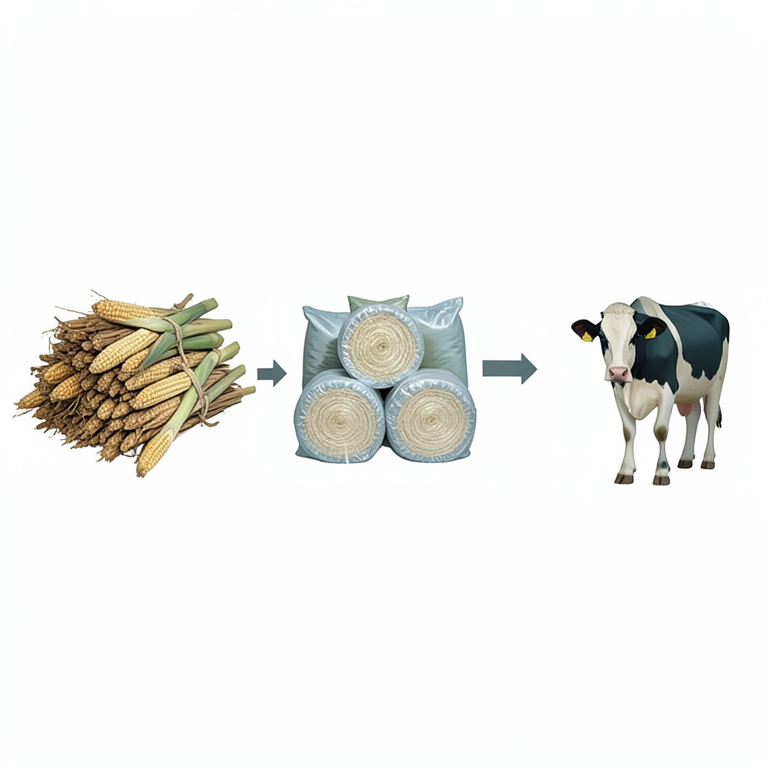 AI-generated conceptual illustration (Maize silage and dairy cows). It explains the idea and does not show study data.