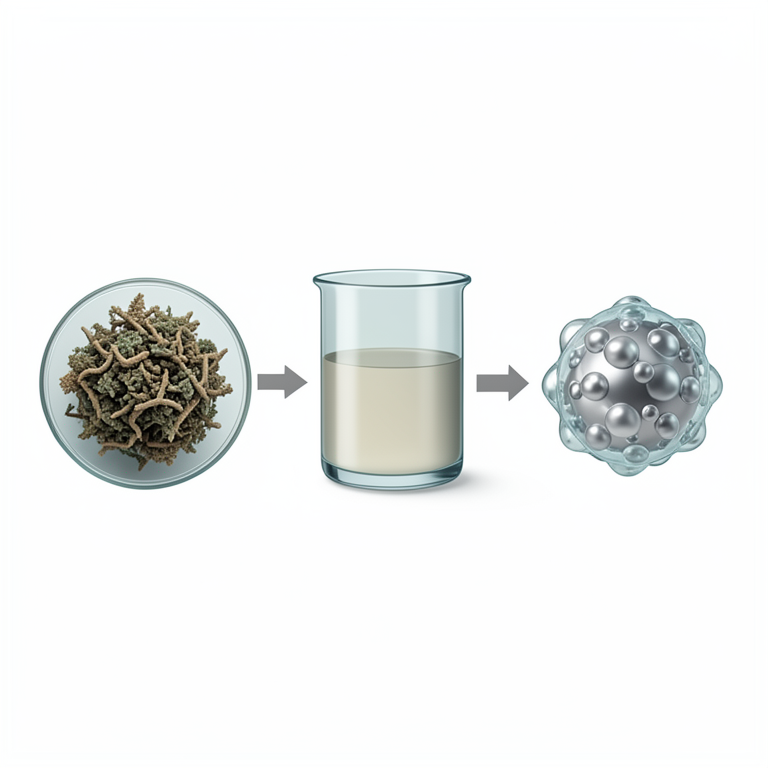 AI-generated conceptual illustration (Aspergillus terreus fungal culture and silver nanoparticles). It explains the idea and does not show study data.