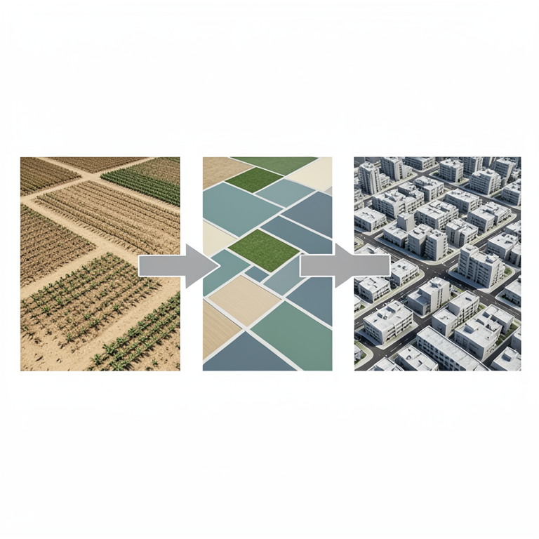 AI-generated conceptual illustration (arid and semi-arid landscape transitioning from agricultural fields to urban development). It explains the idea and does not show study data.