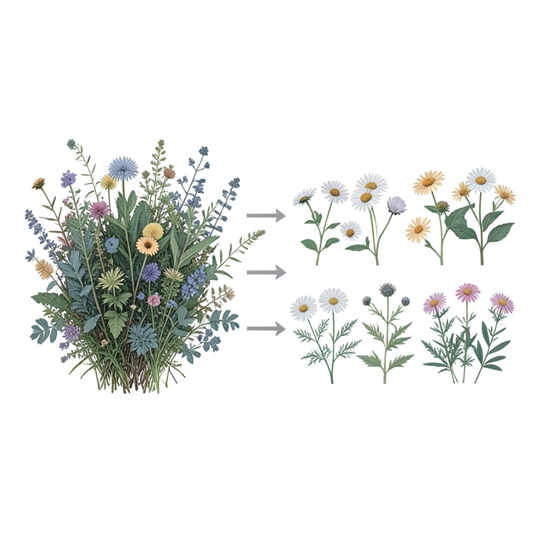 AI-generated conceptual illustration (Wild medicinal plants of the Asteraceae and Lamiaceae families). It explains the idea and does not show study data.