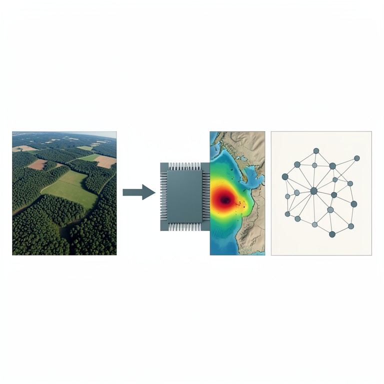 AI-generated conceptual illustration (Satellite-viewed landscape and a computer processor). It explains the idea and does not show study data.