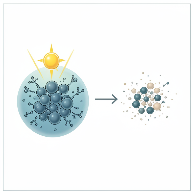 AI-generated conceptual illustration (zinc oxide nanoparticles and methylene blue dye molecules in water). It explains the idea and does not show study data.