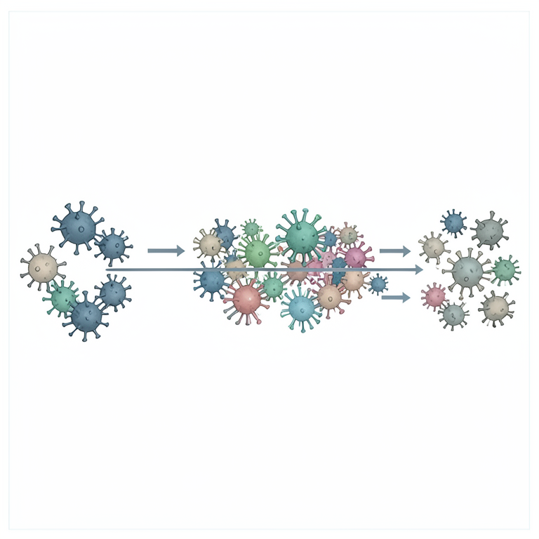 AI-generated conceptual illustration (human blood cells and HIV virions). It explains the idea and does not show study data.