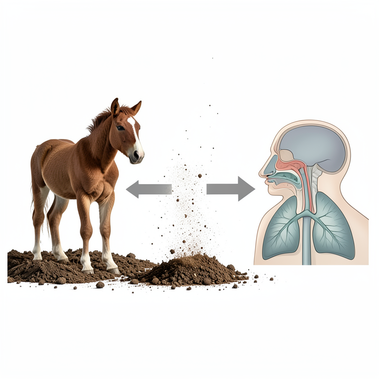 AI-generated conceptual illustration (foals, soil, and a human respiratory system). It explains the idea and does not show study data.