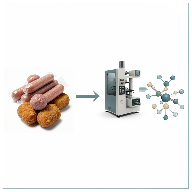 AI-generated conceptual illustration (packaged chicken sausages, meatballs, and nuggets). It explains the idea and does not show study data.