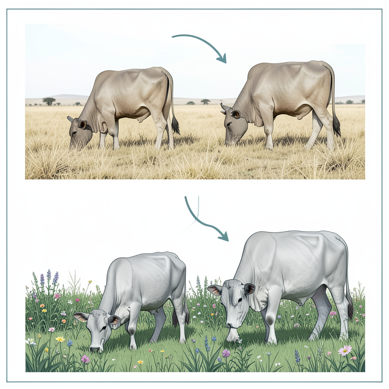 AI-generated conceptual illustration (Zebu cattle in an arid Kenyan landscape). It explains the idea and does not show study data.