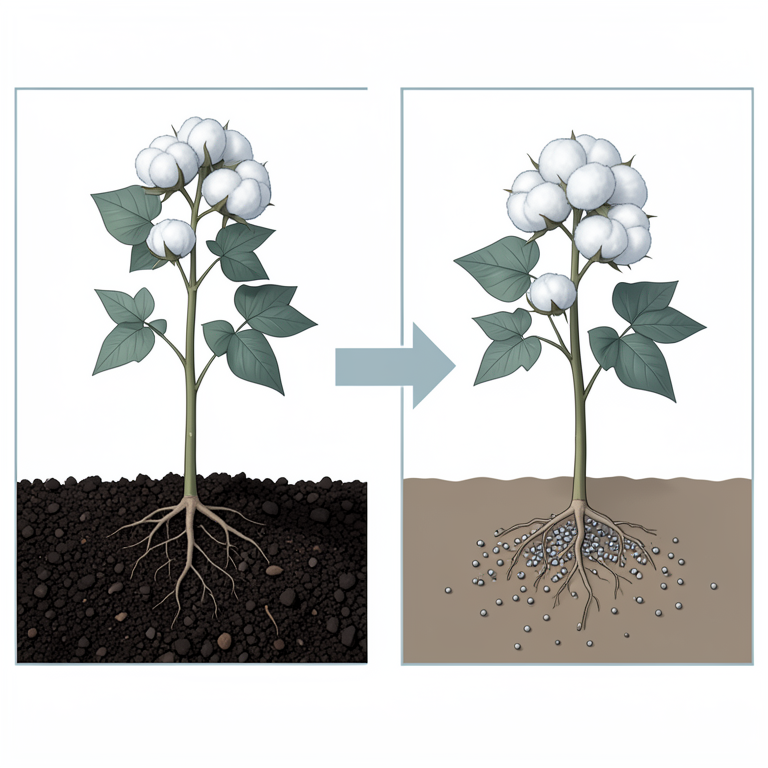 AI-generated conceptual illustration (cotton plants in calcareous soil). It explains the idea and does not show study data.