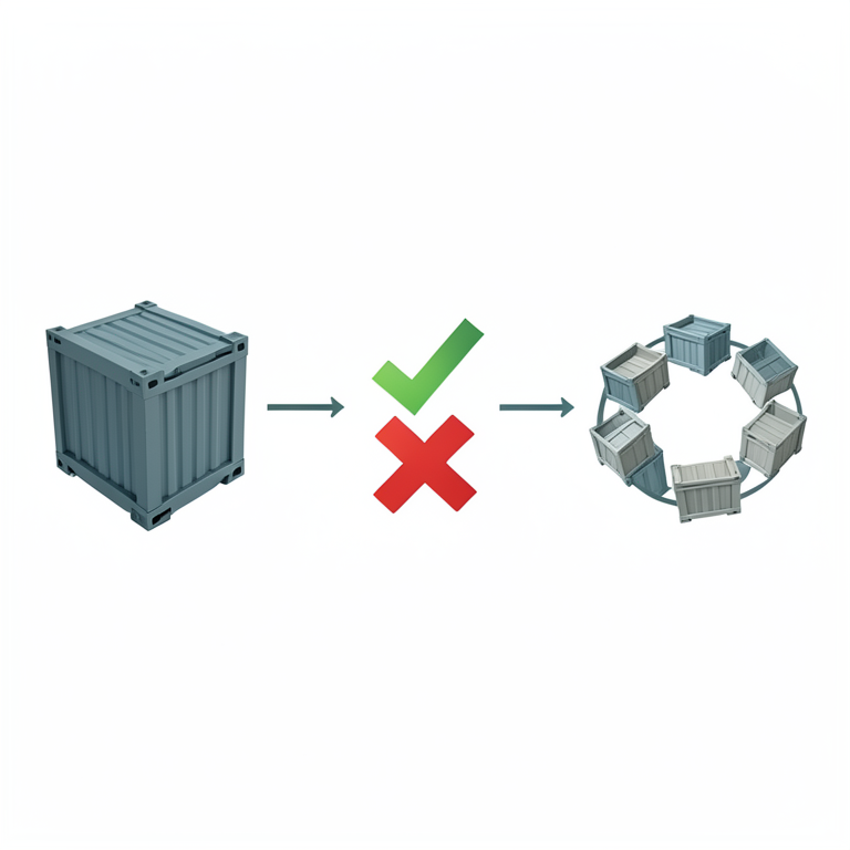 AI-generated conceptual illustration (Industrial manufactured metal components in shipping crates). It explains the idea and does not show study data.