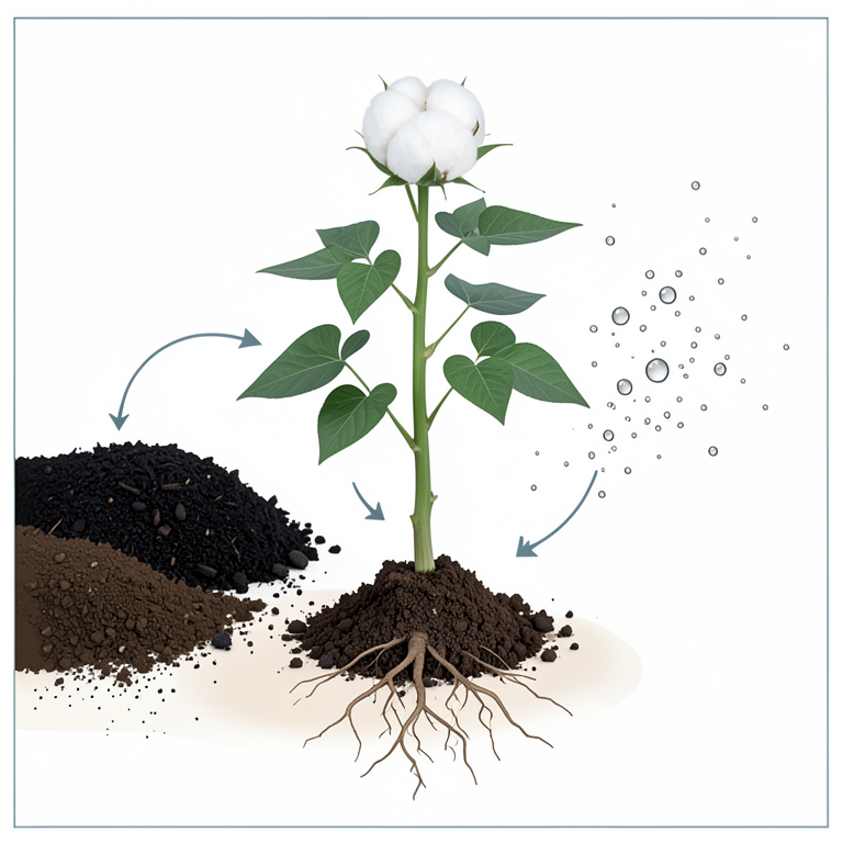 AI-generated conceptual illustration (Organic cotton plants (Gossypium hirsutum L.)). It explains the idea and does not show study data.