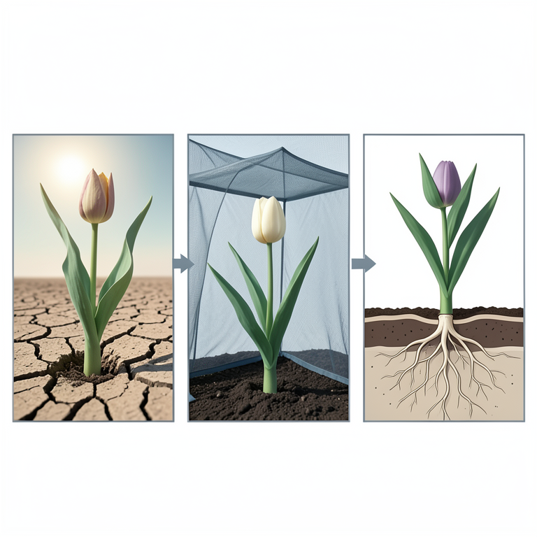 AI-generated conceptual illustration (Tulip plants (Tulipa gesneriana) in dry zone soil). It explains the idea and does not show study data.