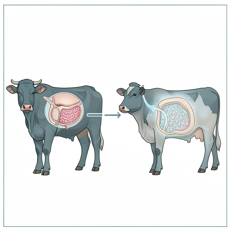 AI-generated conceptual illustration (adult cattle and rumen fluid). It explains the idea and does not show study data.